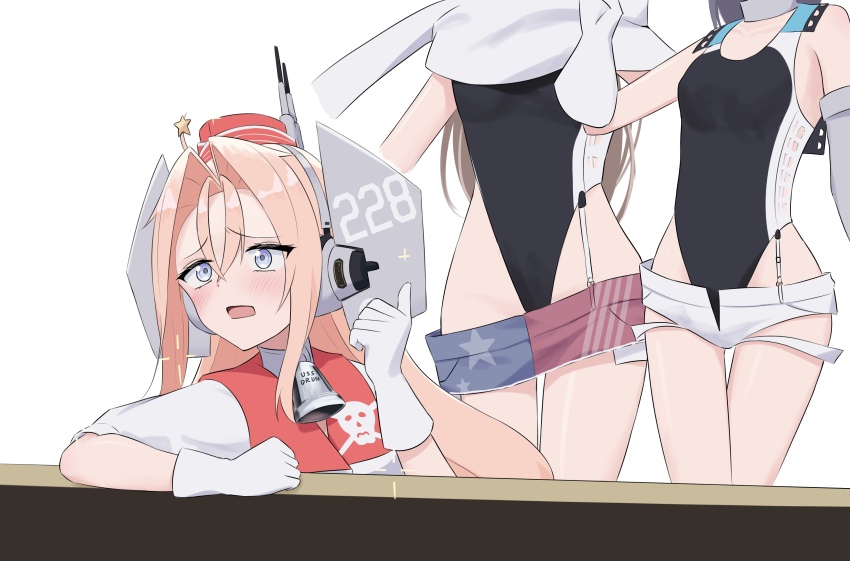 3girls absurdres american_flag american_flag_print american_flag_skirt ballet_boots bell black_one-piece_swimsuit breasts coat collar competition_swimsuit denim denim_skirt drum_(kancolle) flag_print garrison_cap gloves grey_eyes hair_ornament hat headgear highleg highleg_one-piece_swimsuit highres historical_connection kantai_collection l_meet long_hair medalist_(manga) meme metal_collar microskirt multiple_girls neck_bell one-piece_swimsuit orange_hair print_skirt red_hat scamp_(kancolle) scarf shorts skirt skull_print small_breasts smug_inori_(meme) star_(symbol) star_hair_ornament super_highleg swimsuit swimsuit_under_clothes two-tone_one-piece_swimsuit two-tone_swimsuit very_long_hair wahoo_(kancolle) white_coat white_gloves white_one-piece_swimsuit white_scarf white_shorts