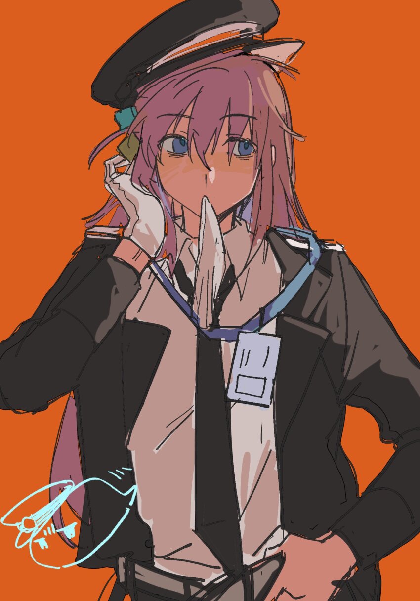 1girl belt black_hat black_jacket black_necktie blue_eyes bocchi_the_rock! collared_shirt cube_hair_ornament glove_in_mouth gloves gotoh_hitori grey_belt hair_between_eyes hair_ornament hat highres jacket lanyard lingyi long_hair long_sleeves looking_to_the_side mouth_hold necktie one_side_up open_clothes open_jacket orange_background pink_hair shirt simple_background single_glove solo white_gloves white_shirt