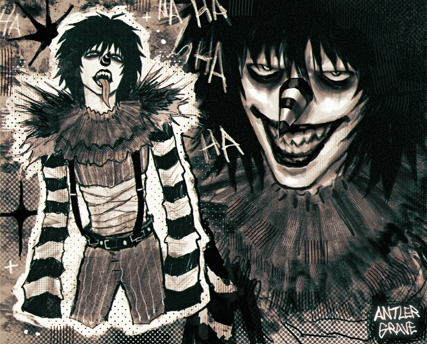 1boy antlergrave artist_name bags_under_eyes bandaged_torso belt creepypasta cropped_legs grey_background grin hair_between_eyes halftone highres laughing laughing_jack looking_at_viewer male_focus medium_hair messy_hair monochrome multiple_views neck_ruff outline pants pointy_nose sharp_teeth simple_background smile sparkle striped_clothes striped_pants suspenders teeth tongue tongue_out upper_body vertical-striped_clothes vertical-striped_pants