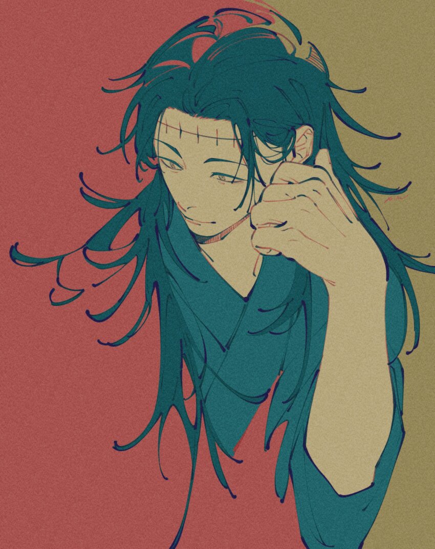 1boy arm_up closed_mouth cropped_shoulders film_grain getou_suguru getou_suguru_(kenjaku) highres japanese_clothes jujutsu_kaisen kimono limited_palette long_hair long_sleeves looking_to_the_side male_focus mim_(mimya0600) parted_hair sideways_glance smile solo stitched_forehead stitches