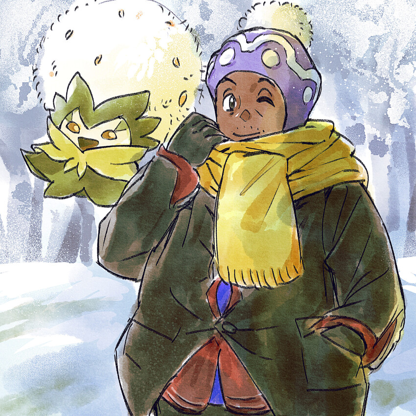 1boy ;) beanie buttons commentary dark-skinned_male dark_skin day eldegoss facial_hair gen_8_pokemon gloves go-lurk hand_up hands_in_pockets hat highres jacket professor_laventon long_sleeves looking_at_viewer male_focus nintendo one_eye_closed outdoors pokemon pokemon_(creature) pokemon_legends:_arceus purple_headwear scarf smile snow stubble vest winter_clothes yellow_scarf