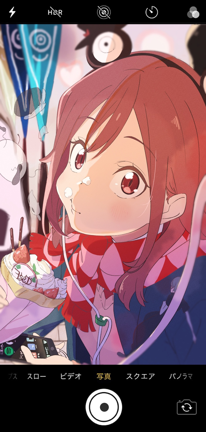 1girl absurdres akane_(pink_valentine) black_hairband blue_jacket blush cardigan cellphone crepe eating food food_on_face hairband headphones highres holding holding_phone jacket long_hair looking_at_viewer lotte_(company) phone pink_cardigan pink_valentine pov red_eyes red_hair red_scarf saitou_atsushi_(kamatamanankotu) scarf smartphone solo spotify straight_hair upper_body