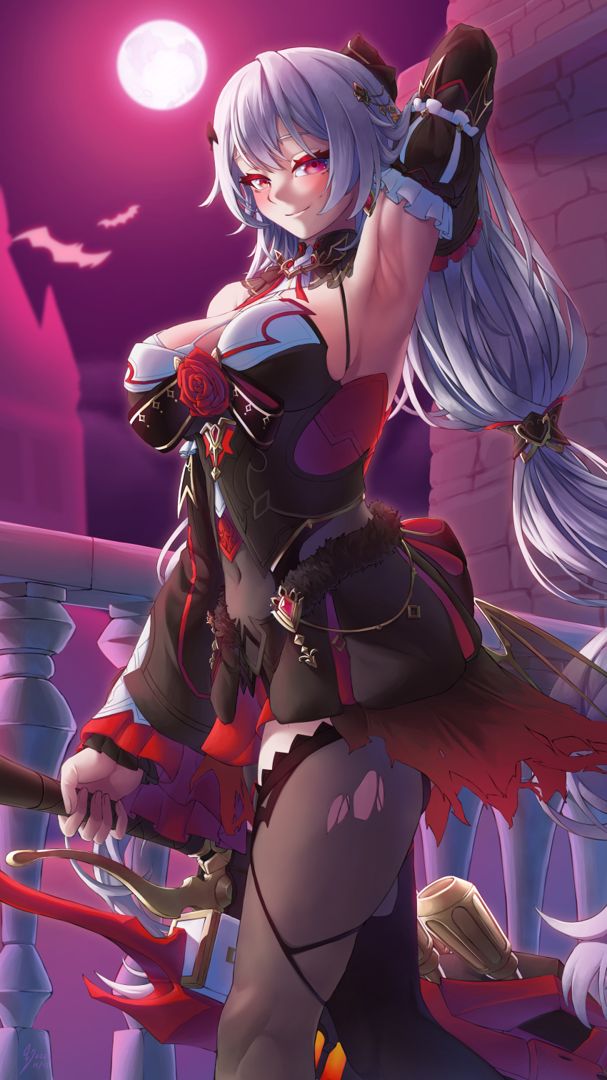 1girl absurdres arm_up armpits bat_(animal) black_dress black_pantyhose breasts chainsaw commentary_request dress ej_com_dd full_moon highres holding holding_chainsaw honkai_(series) honkai_impact_3rd large_breasts long_hair looking_at_viewer moon night night_sky pantyhose presenting_armpit red_eyes sky smile solo theresa_apocalypse theresa_apocalypse_(luna_kindred) theresa_apocalypse_(lunar_vow:_crimson_love) torn_clothes torn_pantyhose very_long_hair white_hair