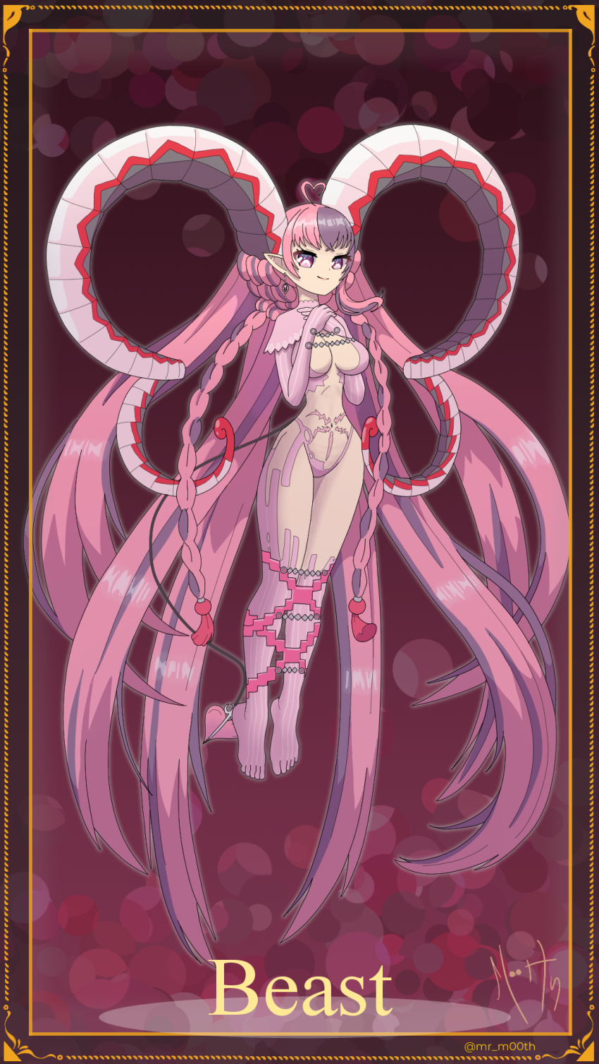 1girl absurdly_long_hair ahoge braid breasts card_(medium) card_parody cleavage commentary cosplay crop_top curled_horns earrings elbow_gloves english_commentary fate/grand_order fate_(series) full_body gloves heart heart_ahoge highres horns ironmouse jewelry large_horns long_hair mr._mo.oth multicolored_hair narrow_waist navel pink_eyes pink_gloves pink_hair pointy_ears purple_hair signature solo symbol-shaped_pupils tiamat_(fate) tiamat_(fate)_(cosplay) twitter_username two-tone_hair very_long_hair virtual_youtuber vshojo x-shaped_pupils