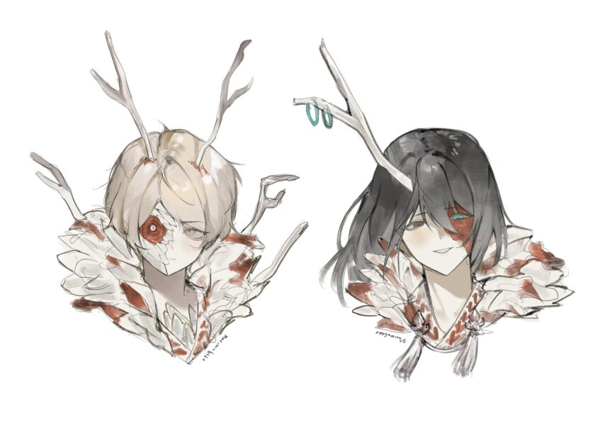 2boys antler_ring antlers aqua_eyes black_eyes black_hair blood blood_on_clothes branch burn_scar chinese_clothes commentary cropped_shoulders e.g.o_(project_moon) eastern_dragon_horns english_commentary frown hair_between_eyes hanfu heterochromia highres hong_lu_(project_moon) horn_ornament horn_ring horns limbus_company long_hair looking_at_viewer male_focus maruma_gozu monster_boy multiple_boys parted_lips project_moon robe scar sinclair_(project_moon) single_antler single_horn smile swept_bangs tassel tears_of_the_tarnished_blood_(e.g.o) white_background white_hanfu white_robe white_scales