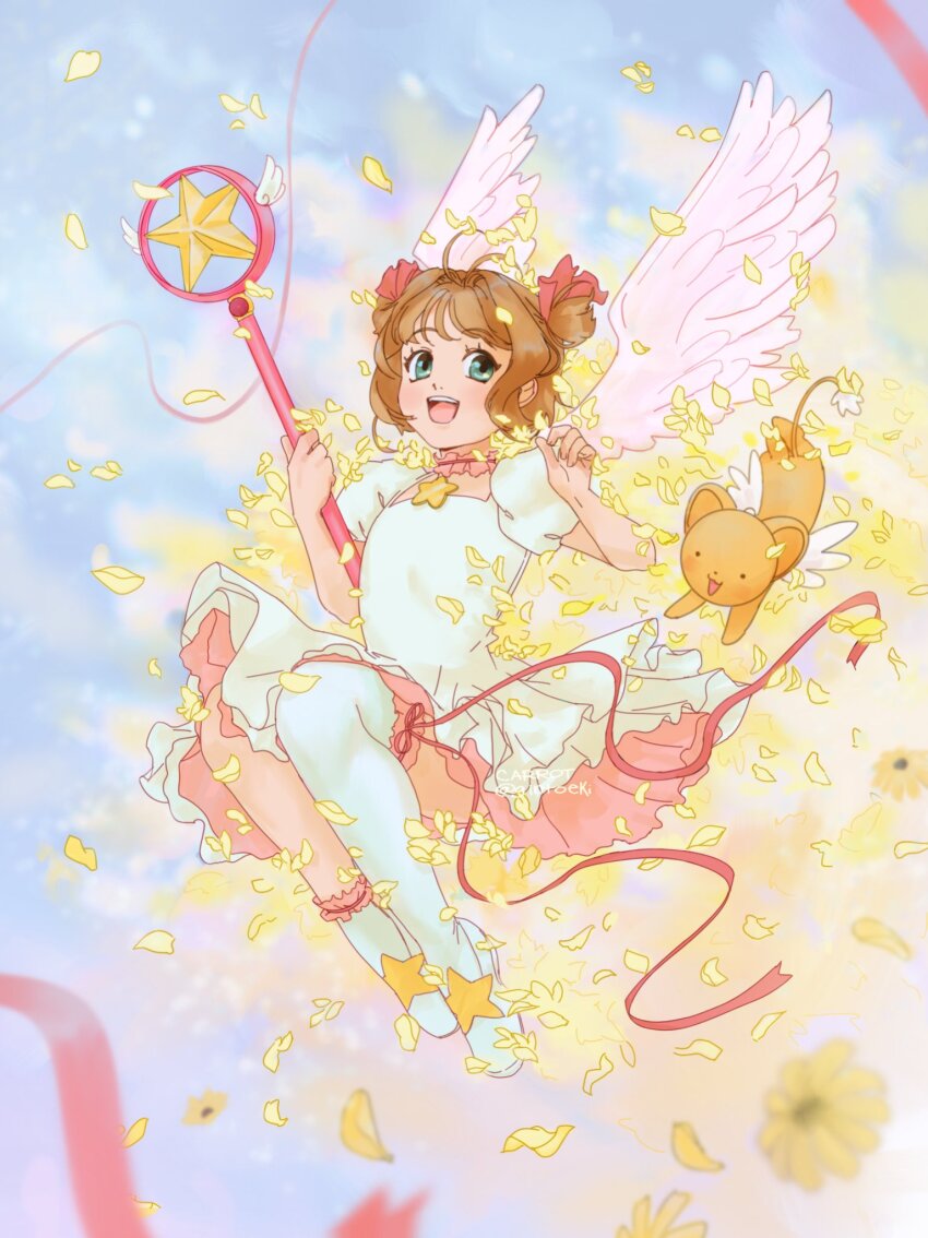 1girl 1other ankle_garter aqua_eyes asymmetrical_legwear brown_hair cardcaptor_sakura choker commentary dress feathered_wings flying frilled_choker frills full_body garter_belt gintoeki hair_ribbon highres holding holding_wand hoshi_no_tsue kero_(cardcaptor_sakura) kinomoto_sakura kinomoto_sakura_(astral_sakura) magical_girl open_mouth petals pink_choker pink_ribbon puffy_short_sleeves puffy_sleeves ribbon short_hair short_sleeves short_twintails sky star_(symbol) star_choker teeth thighhighs twintails upper_teeth_only wand white_dress white_footwear white_thighhighs white_wings wings