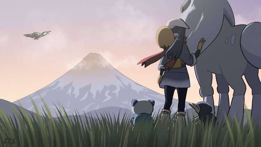 1girl akari_(pokemon) animal_request arceus black_hair black_sash cyndaquil from_behind gen_2_pokemon gen_4_pokemon gen_5_pokemon gen_7_pokemon grass grey_jacket headscarf highres jacket kojiro337 legendary_pokemon long_hair loose_socks mountain mythical_pokemon nintendo oshawott pokemon pokemon_(creature) pokemon_legends:_arceus purple_sky red_scarf rowlet sash scarf sky socks white_headscarf wyrdeer