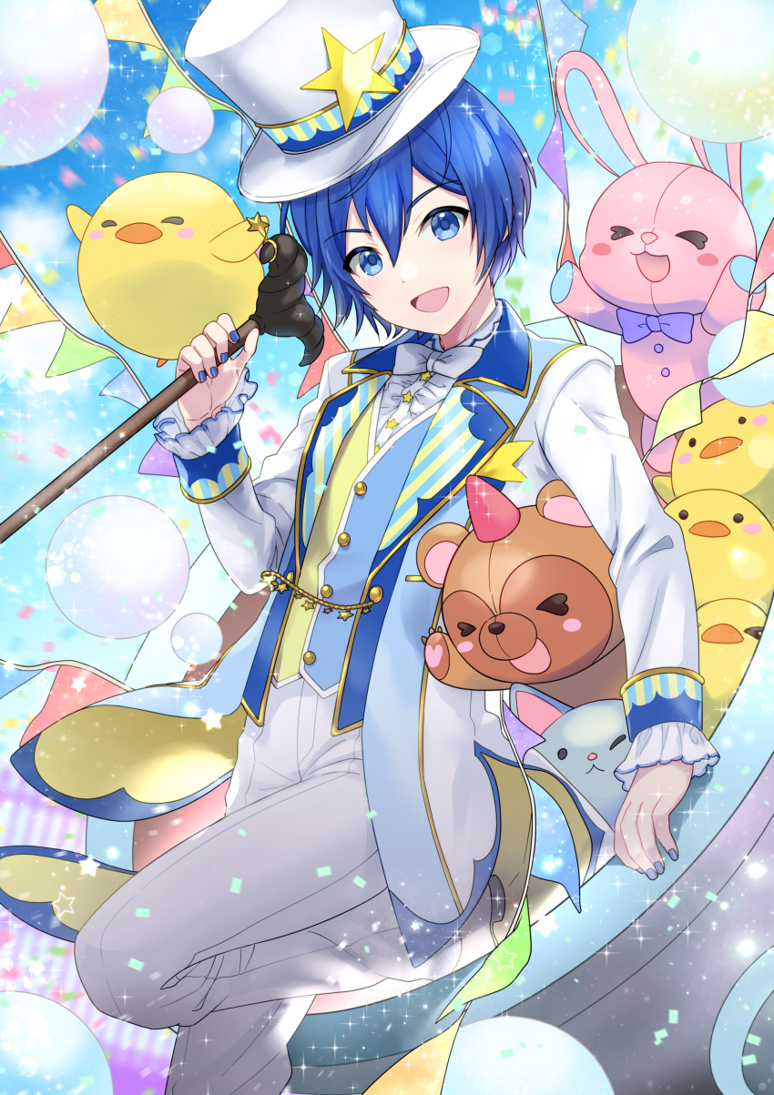 1boy absurdres arm_support arm_up baby_animal balloon bird blue_eyes blue_hair blue_nails bow bowtie buttons cane cat chick circus circus_tent collared_jacket confetti feet_out_of_frame formal_clothes frilled_wrist_cuffs frills hair_between_eyes hat highres jacket kaito_(vocaloid) kikuchi_mataha knee_up lapel_chain lapels long_sleeves looking_at_viewer male_focus multicolored_clothes nail_polish open_mouth pants party_hat project_sekai purple_bow purple_bowtie rabbit short_hair solo standing standing_on_one_leg star_(symbol) string_of_flags stuffed_animal stuffed_toy suit suit_jacket teddy_bear top_hat vest white_bow white_bowtie white_hat white_pants white_suit wonderlands_x_showtime_kaito wrist_cuffs