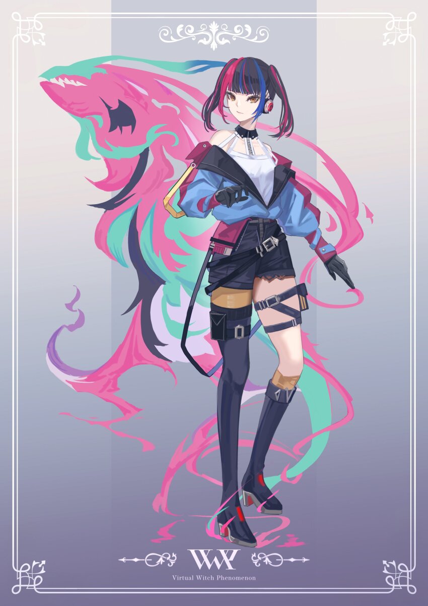 1girl absurdres asymmetrical_legwear asymmetrical_shorts belt black_collar black_gloves black_hair black_shorts black_thighhighs blue_streaks blunt_bangs boots border collar commentary_request gloves group_name halter_shirt halterneck harusaruhi headphones high_heel_boots high_heels highres kamitsubaki_studio knee_boots kneehighs kuji-in leather_belt legwear_garter long_sleeves looking_at_viewer mey_(me_hanamomo) mismatched_legwear multicolored_hair open_fly ornate_border partially_open_jacket pouch red_streaks shirt_tucked_in short_twintails shorts simple_background sleeve_cuffs socks solo spirit streaked_hair thigh_belt thigh_boots thigh_pouch thigh_strap thighhighs torn_clothes torn_shorts twintails virtual_youtuber