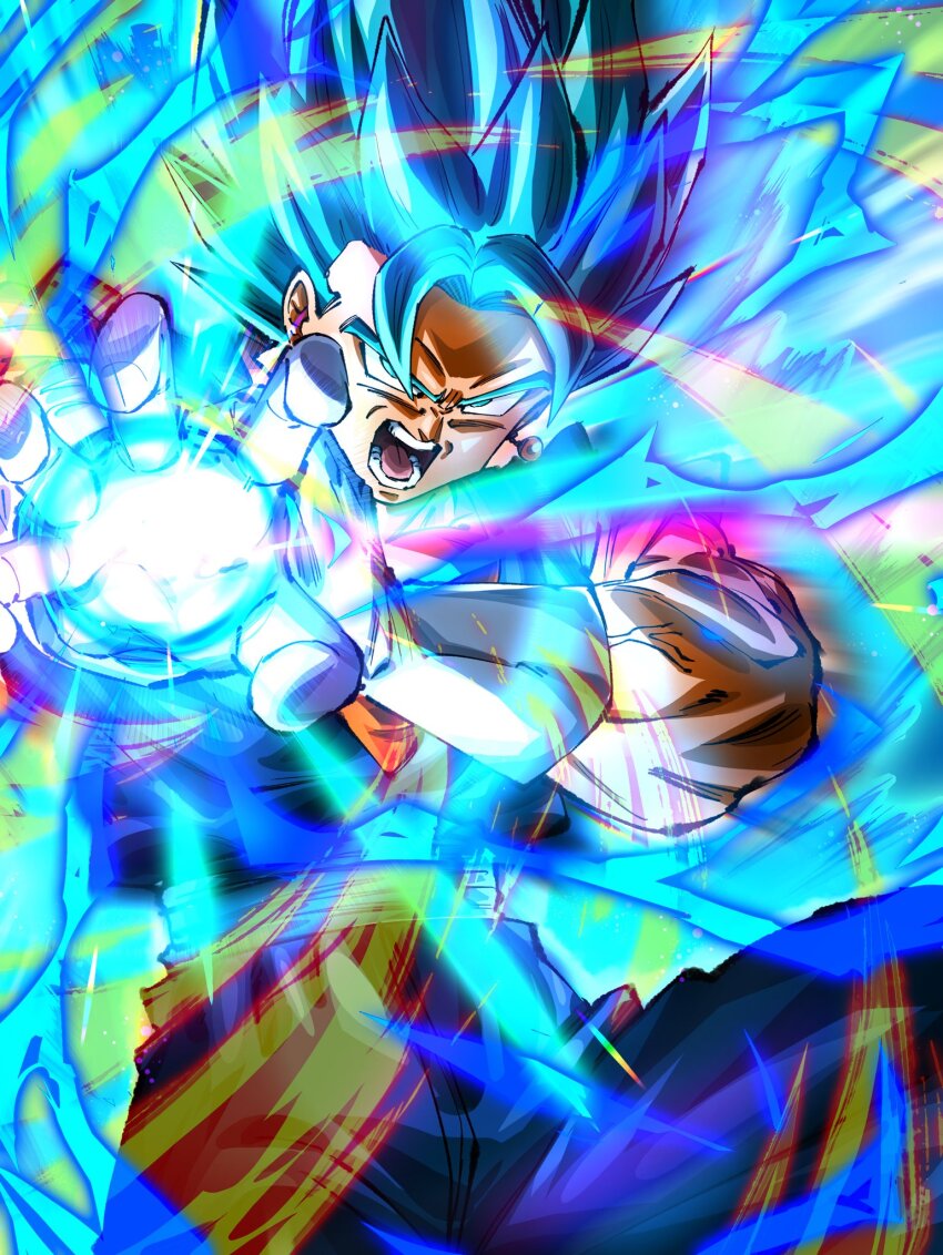 1boy aura blue_eyes blue_hair blue_pants blue_sash blue_shirt cowboy_shot dougi dragon_ball dragon_ball_super earrings gloves highres jewelry male_focus medium_hair muscular muscular_male open_mouth orange_shirt pants potara_earrings rz28kp sash shirt solo spiked_hair teeth vegetto white_gloves