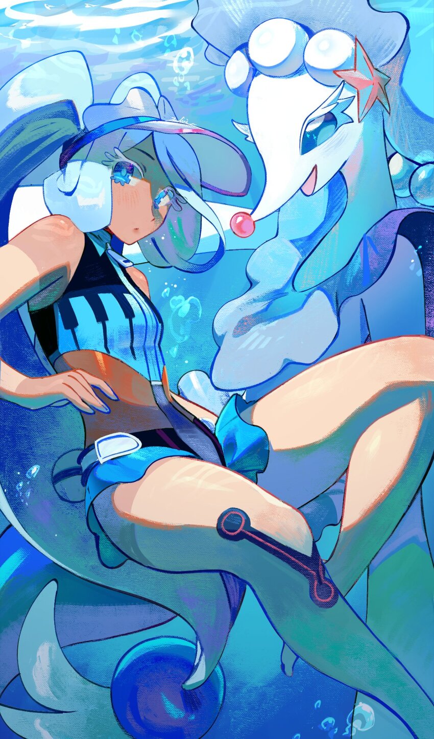 1girl air_bubble bare_shoulders bikini blue_bikini blue_eyes blue_hair blue_sclera bubble caustics clown_nose colored_eyelashes colored_sclera colored_skin dive_ball feet_out_of_frame full_body gen_7_pokemon hair_bobbles hair_ornament hand_up hatsune_miku highres long_eyelashes long_hair looking_at_viewer mermaid monster_girl nintendo open_mouth pearl_hair_ornament piano_print poke_ball pokemon pokemon_(creature) primarina print_swimsuit project_voltage smile starfish_hair_ornament swimsuit twintails underwater visor_cap vocaloid water_miku_(project_voltage) white_skin zambiie zipper_pull_tab