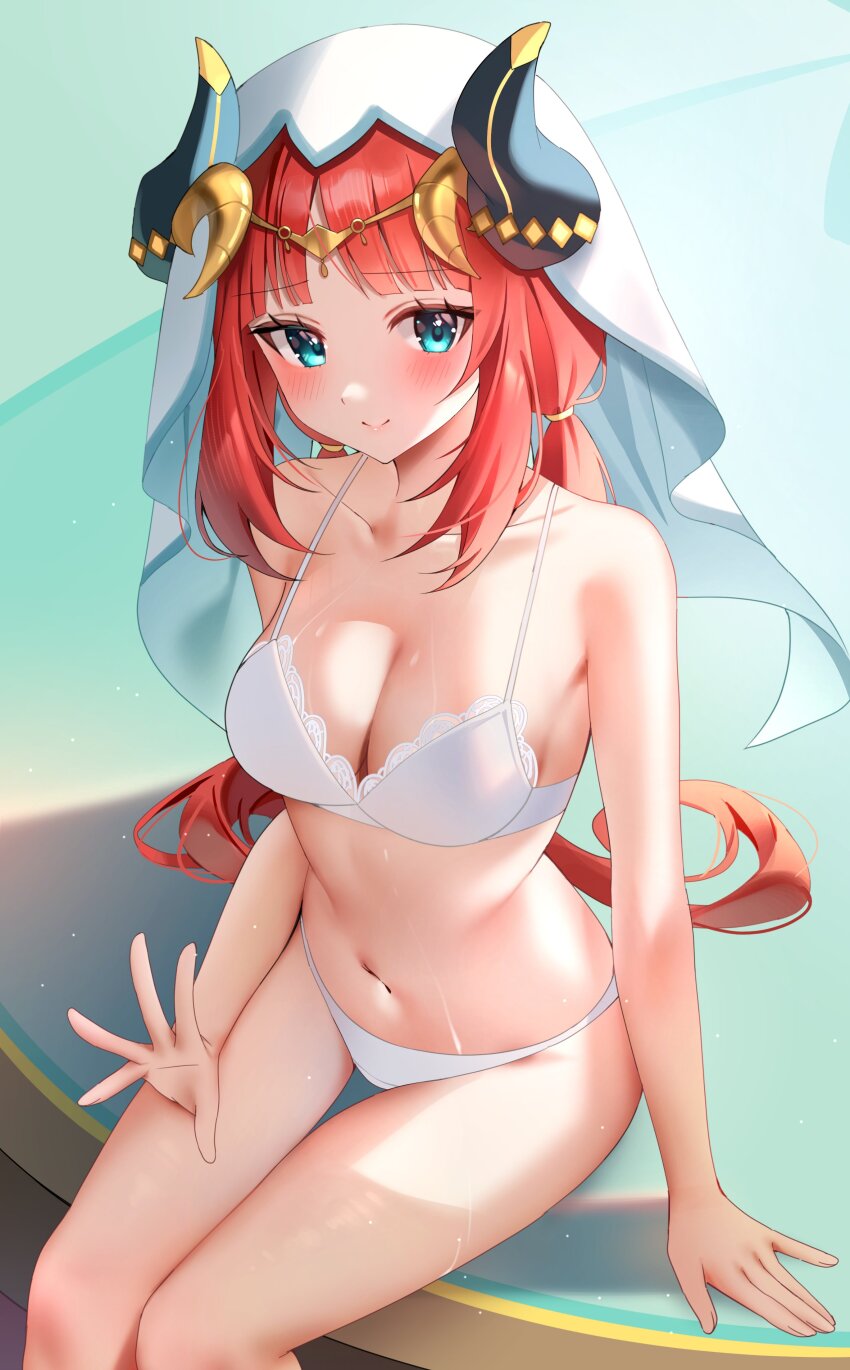 1girl absurdres blue_eyes blush bra breasts cleavage collarbone emduck fake_horns from_above genshin_impact highres horns lace lace-trimmed_bra lace_trim light_smile long_hair looking_at_viewer medium_breasts navel nilou_(genshin_impact) panties red_hair sitting solo thigh_gap thighs twintails underwear underwear_only veil white_bra white_panties white_veil