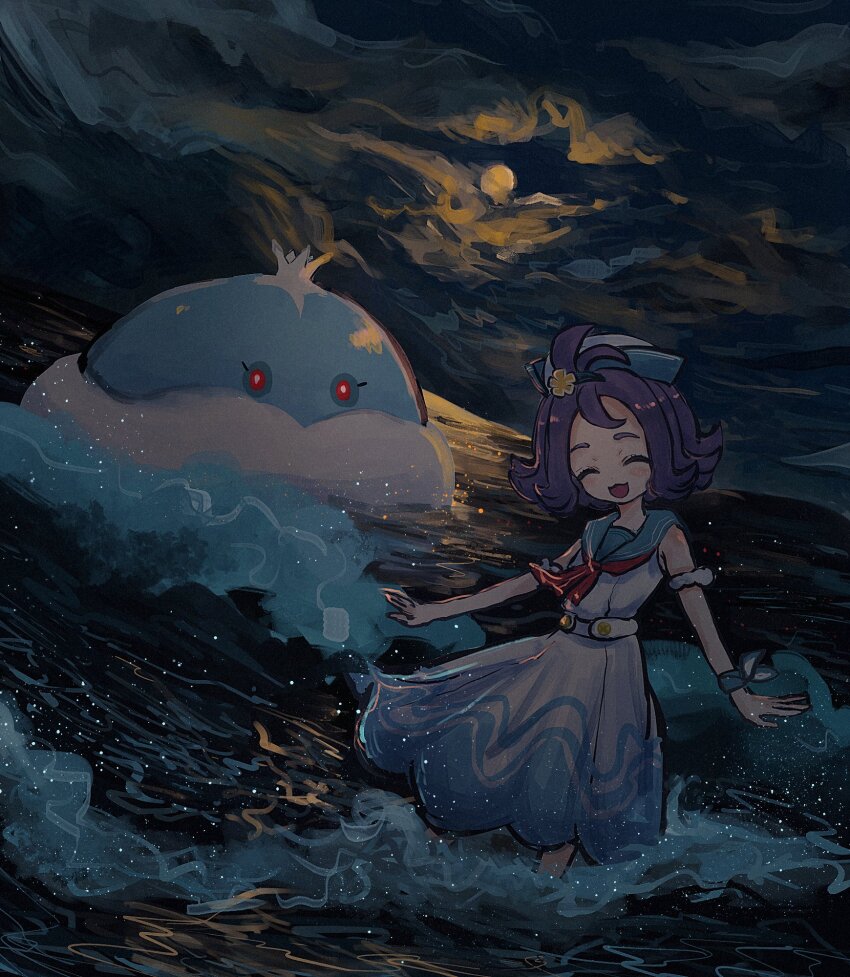1girl acerola_(pokemon) acerola_(summer_2024)_(pokemon) blue_sailor_collar closed_eyes dress gen_5_pokemon hat highres horimhkw11 jellicent jellicent_(male) neckerchief nintendo ocean official_alternate_costume open_mouth pokemon pokemon_(creature) pokemon_masters_ex purple_hair red_neckerchief sailor_collar sailor_hat short_hair sleeveless sleeveless_dress wading white_dress