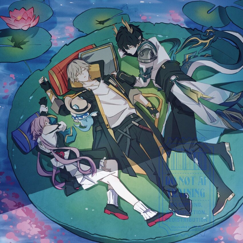 1girl 2boys arm_ribbon armor belt black_boots black_coat black_dress black_gloves black_pants black_shoes blue_hair boots breasts caelus_(honkai:_star_rail) chinese_clothes closed_eyes closed_mouth clothing_cutout coat commentary crossed_legs dan_heng_(honkai:_star_rail) dan_heng_(permansor_terrae)_(honkai:_star_rail) dragon_boy dragon_horns dragon_tail dress earclip evernight_(honkai:_star_rail) eyeliner fingerless_gloves flower frills gloves gold_trim gradient_hair grey_belt grey_hair hair_between_eyes hair_ornament hand_up highres honkai:_star_rail honkai_(series) hood hooded_coat horns hugging_object lake lily_(flower) lily_pad long_hair long_sleeves low_ponytail low_twintails lying makeup march_7th_(honkai:_star_rail) medium_breasts multicolored_hair multiple_boys official_alternate_costume official_alternate_hairstyle on_back on_side open_clothes open_coat open_mouth outdoors pants pillow pillow_hug pink_flower pink_hair pointy_ears ponytail red_eyeliner ribbon shadow shirt shoes short_hair shoulder_armor shoulder_cutout single_bare_shoulder sleeping socks symbol-only_commentary t-shirt tail tokofu_u trailblazer_(honkai:_star_rail) twintails two-sided_coat two-sided_fabric two-tone_dress watermark wavy_hair white_coat white_dress white_shirt white_socks yellow_coat