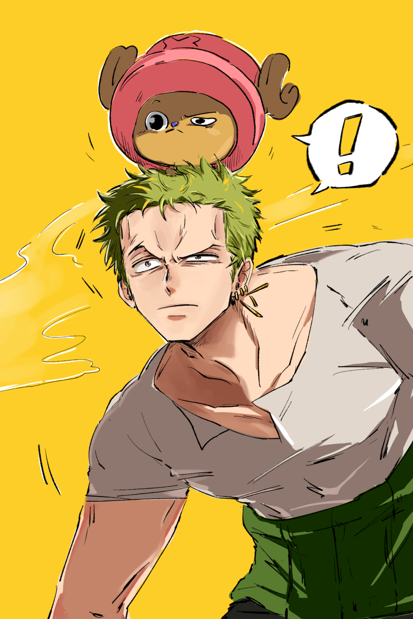 ! 2boys antlers black_eyes blue_nose closed_mouth collarbone deer_antlers earrings furry furry_male green_hair grey_eyes haramaki hat highres horns jewelry multiple_boys nine_hundred one_piece pink_hat roronoa_zoro shirt short_hair simple_background speech_bubble tony_tony_chopper upper_body very_short_hair white_shirt yellow_background