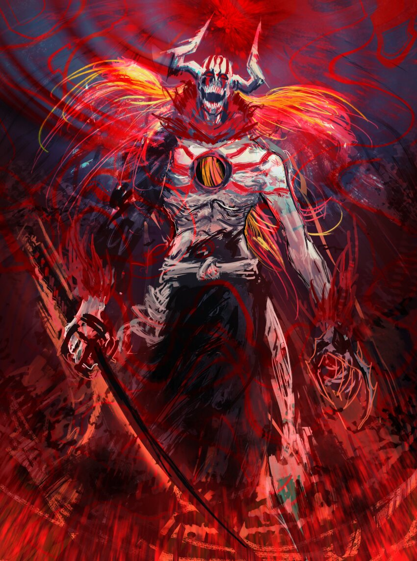1boy absurdres alternate_form arms_at_sides aura bankai black_hakama bleach claws colored_skin commentary demon_boy demon_horns energy_ball facial_mark feet_out_of_frame fighting_stance floating_hair glowing glowing_eyes hakama highres holding holding_sword holding_weapon hole_in_chest hole_on_body horns japanese_clothes katana kurosaki_ichigo long_hair looking_at_viewer male_focus nitrovu open_mouth orange_hair red_eyes solo standing sword teeth tensa_zangetsu_(bankai) topless_male torn_clothes very_long_hair weapon white_skin