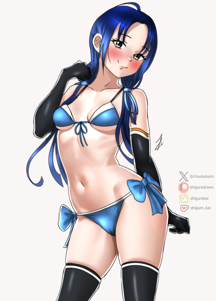 1girl ahoge bikini black_gloves black_thighhighs blue_bikini blue_hair breasts commentary cosplay elbow_gloves front-tie_bikini_top front-tie_top gloves green_eyes highres kantai_collection low_twintails navel one-hour_drawing_challenge shigure_(choukaikaini) shigure_(kancolle) shigure_(kancolle)_(cosplay) shigure_kai_san_(kancolle) shigure_kai_san_(kancolle)_(cosplay) shigure_kai_san_(swimsuit)_(kancolle) side-tie_bikini_bottom simple_background small_breasts solo suzukaze_(kancolle) swimsuit thighhighs twintails watermark white_background