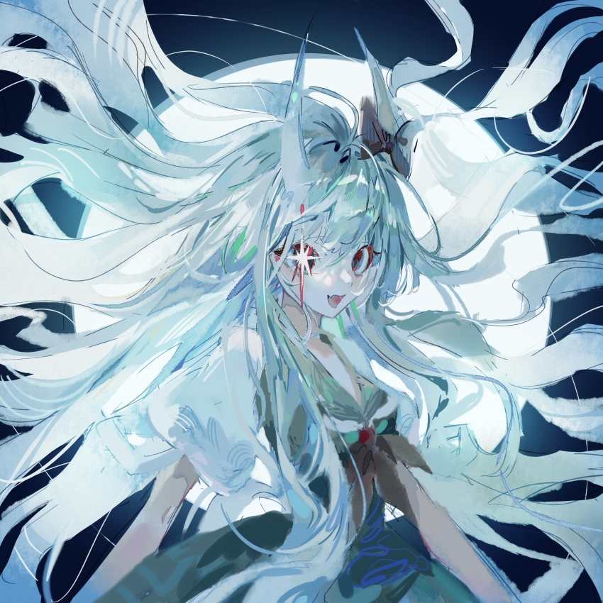 1girl a4ina absurdres black_eyes bow brown_bow chinese_commentary commentary_request dress ex-keine fang floating_hair green_dress highres horn_bow horn_ornament horns kamishirasawa_keine long_hair open_mouth puffy_short_sleeves puffy_sleeves sailor_dress short_sleeves skin_fang smile solo touhou upper_body very_long_hair white_bow white_hair