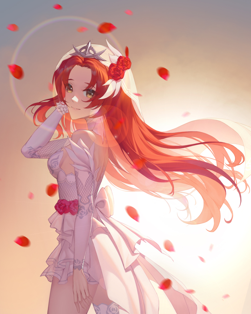 1girl breasts bride brown_eyes chinese_commentary commentary_request dress falling_petals flower from_side gradient_background highres honkai_(series) honkai_impact_3rd long_hair looking_at_viewer medium_breasts murata_himeko murata_himeko_(blood_rose) murata_himeko_(rosy_passion) official_alternate_costume petals red_flower red_hair red_petals red_rose rose stupid_goose_man thighs veil wedding_dress white_dress white_veil
