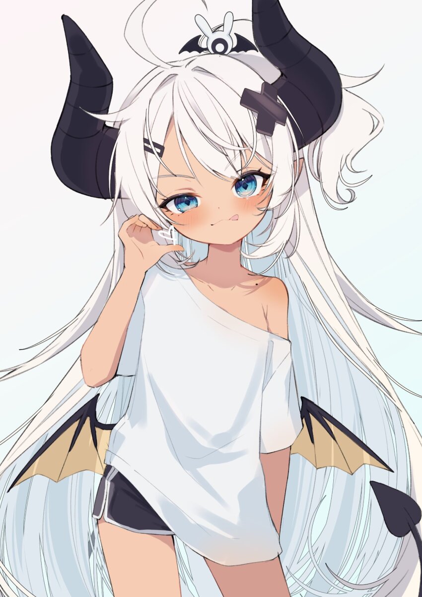 1girl ahoge armpit_peek asagawa_mikan asagawa_mikan_(peachy_michi) bare_shoulders bat_wings black_horns black_shorts black_tail blue_eyes blush collarbone commentary curled_horns demon_girl demon_horns demon_tail demon_wings dolphin_shorts english_commentary fang flat_chest hair_ornament hairpin half-heart_hands highres horns indie_virtual_youtuber long_hair low_wings mesugaki mole mole_on_shoulder oversized_clothes oversized_shirt pointy_ears ponytail shirt short_shorts shorts shoulder_blush simple_background skin_fang tail tan thighs tongue tongue_out virtual_youtuber white_background white_hair wings x_hair_ornament