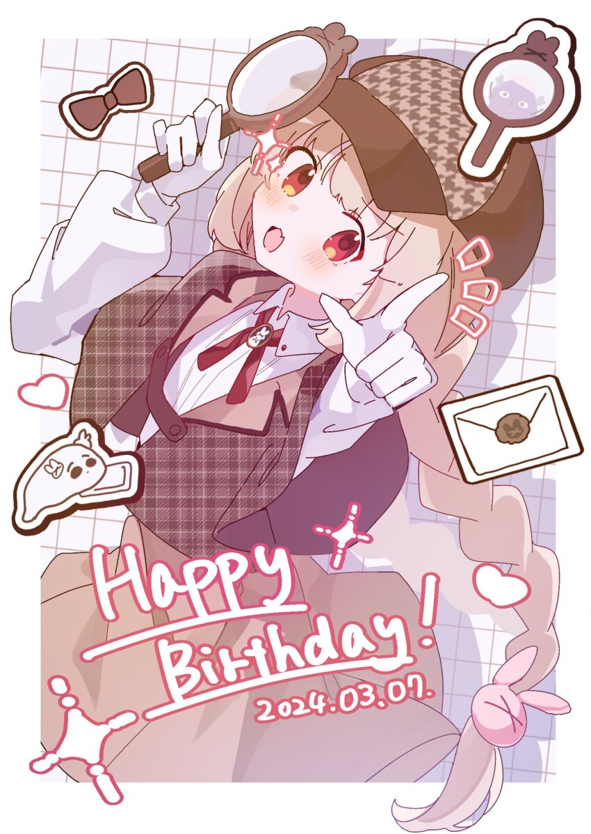 1girl :d argyle_clothes blush border braid brown_hair brown_headwear collarbone creature dated dutch_angle fang gloves grid_background hair_ornament hands_up happy_birthday highres holding holding_magnifying_glass long_hair long_sleeves magnifying_glass natori_sana natori_sana_(detective_agency_head) open_mouth pointing pointing_at_viewer rabbit_hair_ornament rco_as red_eyes sana_channel shirt single_braid skin_fang smile solo virtual_youtuber white_border white_gloves white_shirt