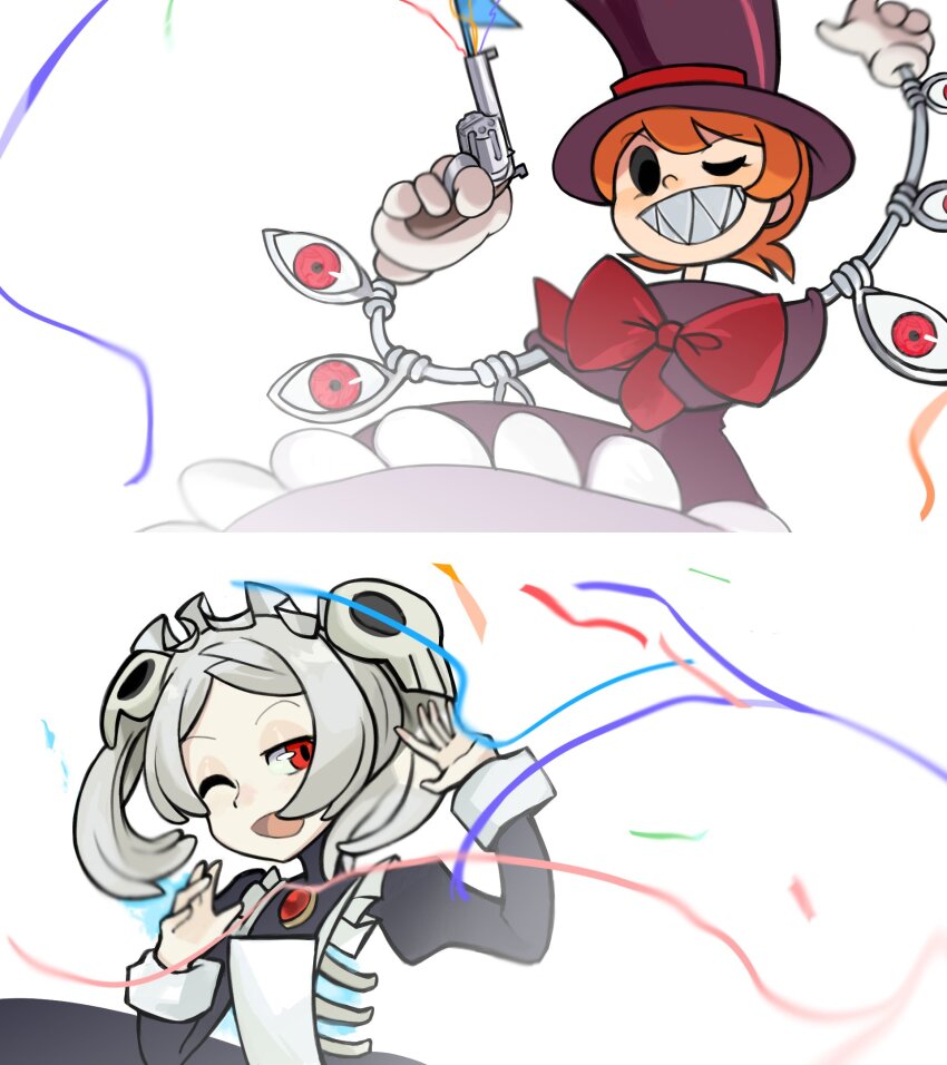 2girls bloody_marie_(skullgirls) bow bowtie brooch confetti cyborg grey_hair grin gun hair_ornament half-closed_eyes handgun hands_up hat highres jewelry maid_headdress multiple_girls oikwkrbb one_eye_closed open_mouth orange_hair peacock_(skullgirls) red_eyes revolver short_hair skull_hair_ornament skullgirls smile streamers top_hat twintails weapon white_background