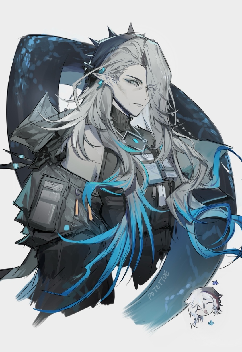 1boy 1girl aqua_hair arknights black_jacket black_vest chibi colored_tips commentary elysium_(arknights) grey_hair grey_shirt hair_over_one_eye highres jacket long_hair looking_at_viewer mantra_(arknights) multicolored_hair off_shoulder old old_woman pointy_ears potettoe shirt signature simple_background snake_girl snake_tail tail two-tone_hair upper_body vest white_background