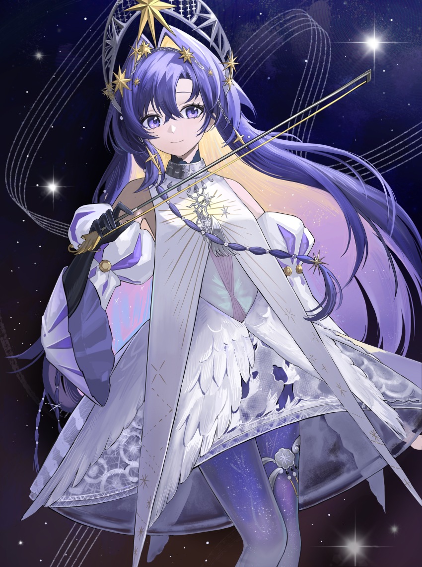 1girl absurdres bare_shoulders black_gloves blonde_hair blue_eyes blue_hair bow_(music) closed_mouth clothing_cutout colored_inner_hair dress feet_out_of_frame gloves gradient_hair hair_intakes hair_ornament hand_up highres holding holding_bow_(music) jiaolu_chongzu juliet_sleeves kokoshnik lace_dress long_hair long_sleeves looking_at_viewer multicolored_hair musical_staff official_alternate_costume pantyhose print_pantyhose puffy_sleeves purple_hair reverse:1999 short_dress shoulder_cutout smile solo star_(symbol) star_hair_ornament star_symbol_background starry_sky_print thigh_strap very_long_hair voyager_(choir_of_the_stars)_(reverse:1999) voyager_(reverse:1999) white_dress wide_sleeves