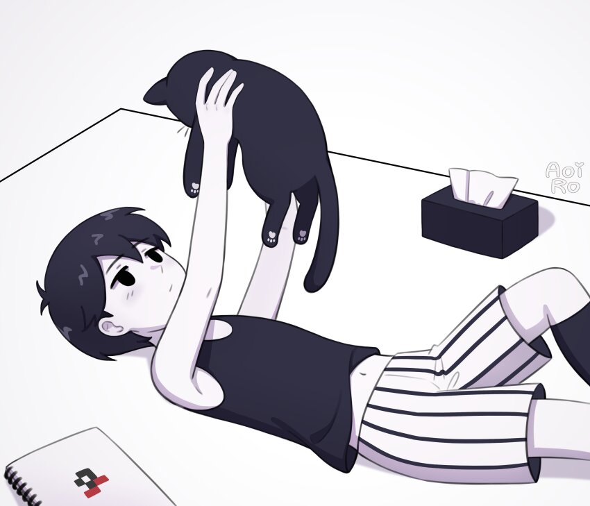 1boy absurdres animal aoiro_arts black_eyes black_hair black_tank_top cat closed_mouth colored_skin commission expressionless highres holding holding_animal lying mewo navel omori omori_(omori) on_back short_hair shorts solo striped_clothes striped_shorts tank_top tissue tissue_box vertical-striped_clothes vertical-striped_shorts white_skin