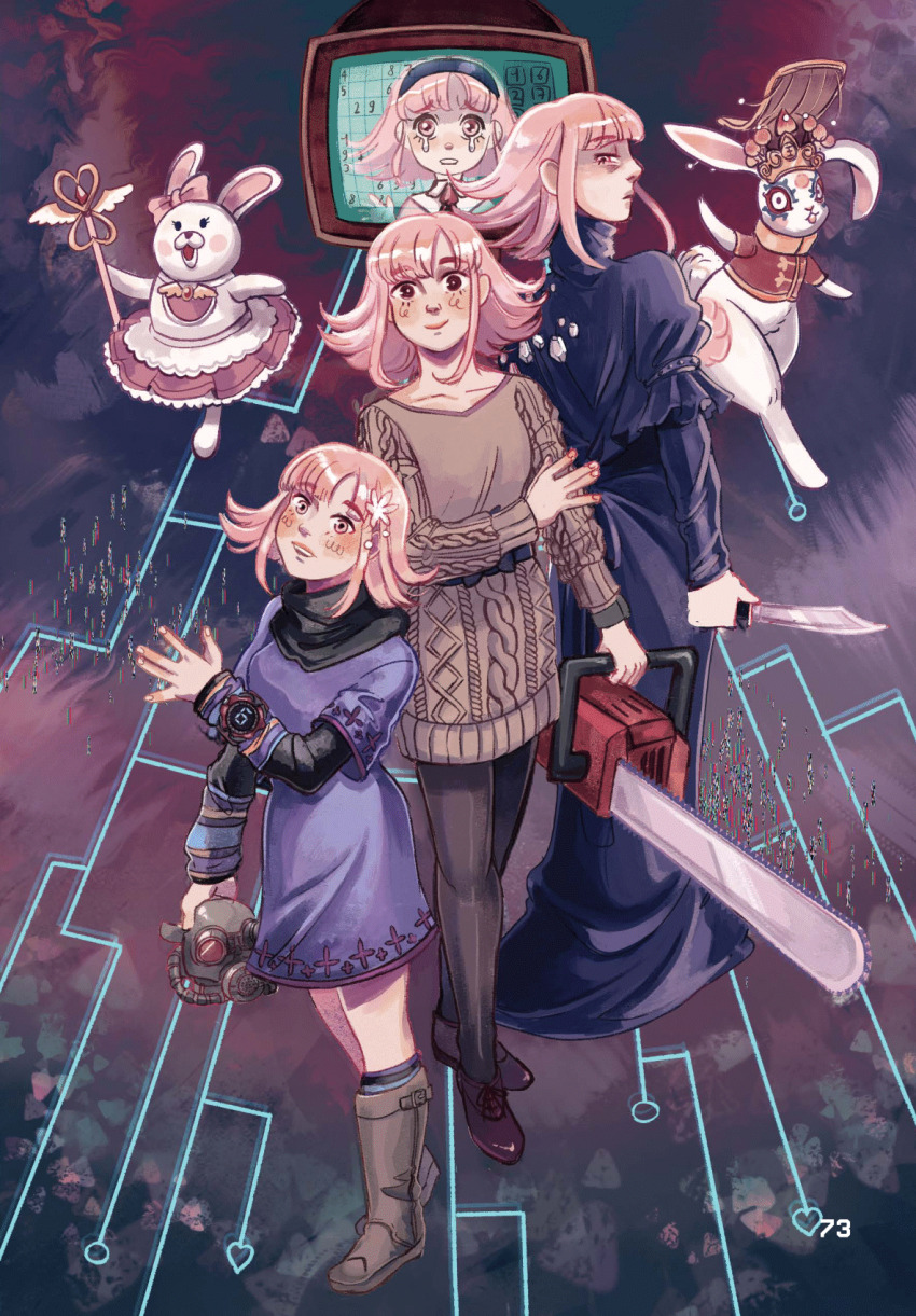 aged_down aged_up animal black_hairband black_pantyhose black_shoes blue_dress blush blush_stickers boots bow brown_boots brown_eyes brown_hair cable_knit chainsaw closed_mouth clothed_animal cosplay crossover crying crying_with_eyes_open danganronpa_(series) danganronpa_2:_goodbye_despair dress eyelashes flowchart flower gas_mask genre_connection glitch hair_flower hair_ornament hairband hat heart highres holding holding_chainsaw holding_knife holding_mask holding_wand holding_weapon knife kurashiki_akane kurashiki_akane_(cosplay) kyokugen_dasshutsu kyokugen_dasshutsu:_9_jikan_9_nin_9_no_tobira kyokugen_dasshutsu_adv:_zennin_shibou_desu long_sleeves looking_back mask mature_female medium_hair monitor multiple_girls nanami_chiaki non-web_source open_mouth page_number pantyhose pink_bow pink_eyes purple_dress rabbit rainynie red_shirt shirt shoes skirt smile spoilers standing sudoku sweater sweater_dress tears teeth unworn_mask upper_teeth_only usami_(danganronpa) wand watch weapon wristwatch zero_(kyokugen_dasshutsu) zero_escape:_toki_no_dilemma zero_iii