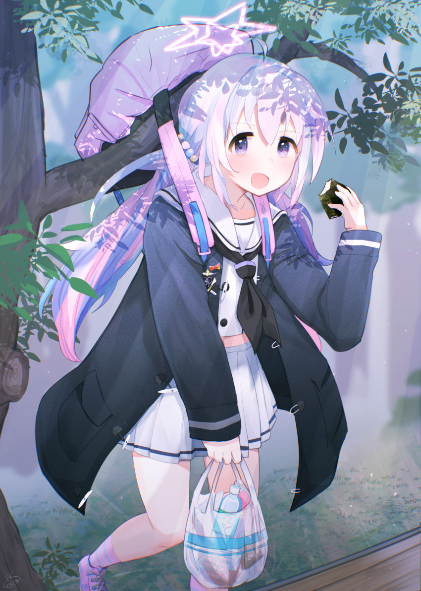 1girl :d ahoge backpack bad_id bad_pixiv_id badge bag black_coat black_neckerchief blue_archive blue_hair blush bottle coat food grey_serafuku hair_bobbles hair_ornament halo hanging_from_tree highres holding holding_bag holding_food light_rays long_sleeves looking_at_viewer low_twintails midriff_peek multicolored_hair neckerchief nishi_yasuaki onigiri open_mouth outdoors pin pink_bag pink_hair pink_shoes plant plastic_bag pleated_skirt purple_eyes reisa_(blue_archive) school_uniform serafuku shoes skirt smile sneakers socks solo star_(symbol) star_hair_ornament star_halo striped_clothes striped_socks sunbeam sunlight tareme tree twintails two-tone_hair water_bottle