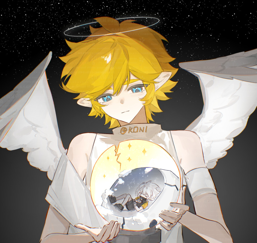 2boys alternate_costume angel angel_wings aotu_world artist_name bare_shoulders blonde_hair blue_eyes chinese_commentary closed_mouth feathered_wings grey_(aotu_world) halo highres holding king_(aotu_world) konidog looking_at_viewer male_focus multiple_boys planet pointy_ears shirt short_hair sky sleeveless solo solo_focus space star_(sky) star_(symbol) starry_sky upper_body white_hair white_shirt white_wings wings yaoi