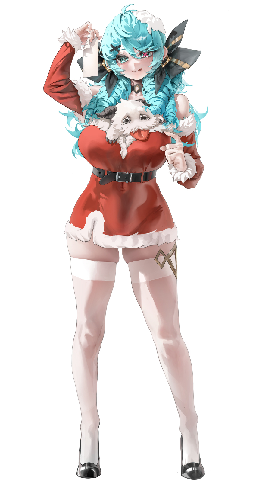 1girl absurdres blue_eyes blue_hair choker christmas drill_hair gwen_(league_of_legends) hair_ornament highres league_of_legends looking_at_viewer poro_(league_of_legends) santa_costume simple_background symbol-shaped_pupils thick_thighs thighhighs thighs tongue tongue_out twin_drills twintails white_background white_thighhighs yonchan zettai_ryouiki