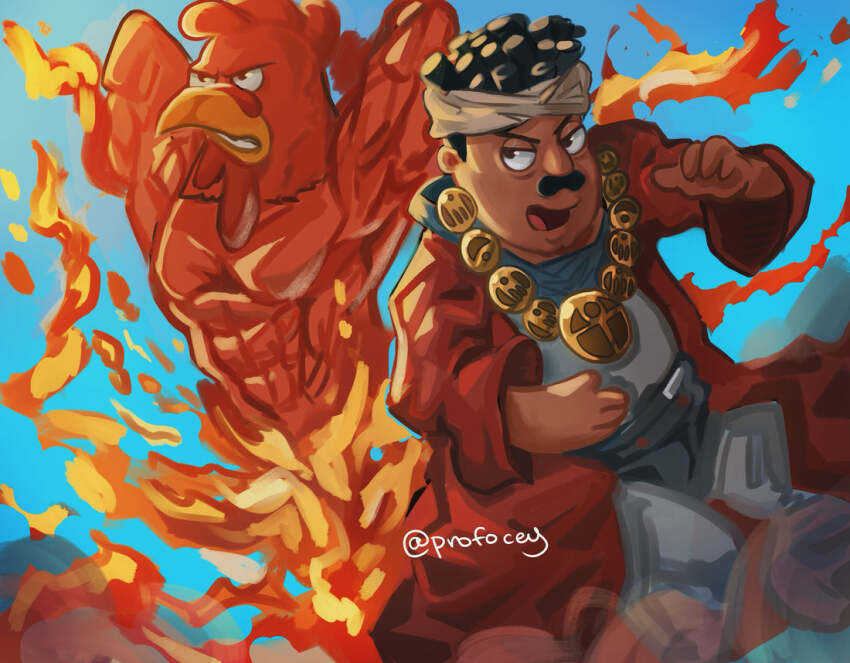 1boy artist_name black_eyes black_hair blue_sky cleveland_brown cosplay dark-skinned_male dark_skin day dreadlocks ernie_the_giant_chicken facial_hair family_guy headband jewelry jojo_no_kimyou_na_bouken magician&#039;s_red magician&#039;s_red_(cosplay) male_focus mohammed_avdol mohammed_avdol_(cosplay) mustache necklace open_mouth outdoors profocey red_robe robe short_hair sky stand_(jojo) stardust_crusaders
