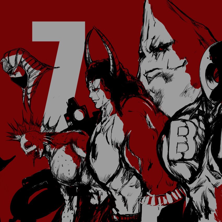 6+boys android armor atlantis_(kinnikuman) biceps black_hole_(kinnikuman) buffaloman cape clenched_hands dougi evil_smile faceless fighting_stance grin headphones highres kinnikuman large_pectorals manly mask mister_khamen monster_boy multiple_boys muscular no_eyes no_mouth pectorals red_background red_cape sharp_teeth simple_background smile springman_(kinnikuman) stecase_king teeth the_mountain_(kinnikuman) wrestling wrestling_outfit yoshiokanp