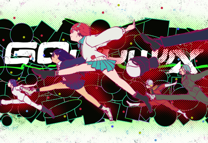 2girls 3boys amate_yuzuriha beanie black_boots black_hair black_hat blue_boots blue_hair blue_jacket blue_pants blue_shirt blue_skirt boots bow challia_bull char_aznable character_request collared_shirt diagonal-striped_clothes diagonal-striped_necktie engiyoshi gloves grey_bow grey_gloves grey_helmet grey_jacket grey_pants grey_socks grey_sweater gundam gundam_gquuuuuux haro hat helmet jacket jumping long_hair long_sleeves multiple_boys multiple_girls naruto_(series) naruto_shippuuden necktie nyaan_(gundam_gquuuuuux) open_clothes open_jacket pants parody puffy_long_sleeves puffy_sleeves red_hair red_jacket red_pants robot scene_reference shirt shuji_ito skirt socks striped_clothes sweater very_long_hair white_pants white_shirt
