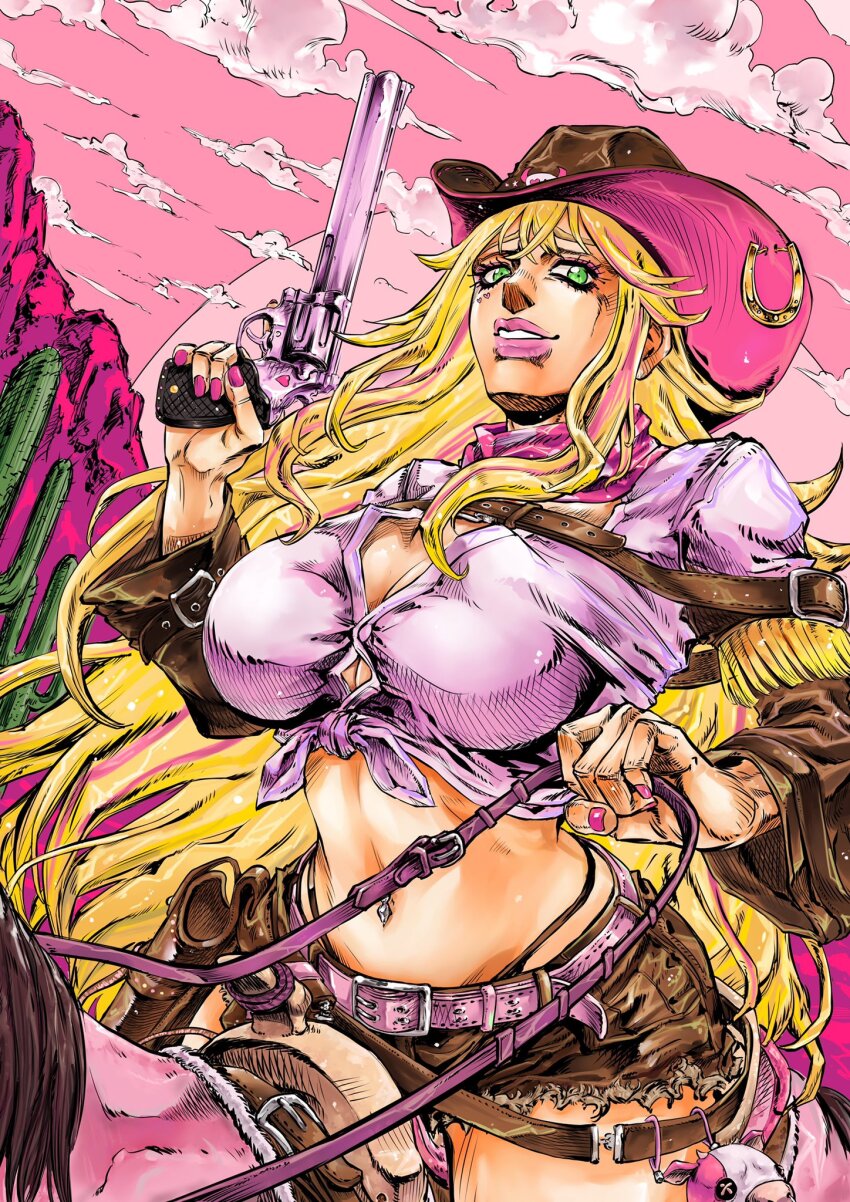 1girl araki_hirohiko_(style) bandana belt black_panties blonde_hair breasts bro.you-yan brown_shorts brown_sleeves cactus cloud commentary cowboy_hat cowgirl_(western) english_commentary facial_mark front-tie_top green_eyes gun hair_between_eyes hat hat_ornament heart heart_facial_mark highleg highleg_panties highres holding holding_gun holding_weapon horseback_riding horseshoe_ornament large_breasts long_hair lulu_lasso multicolored_hair navel_piercing nexas_(vtuber) panties parody piercing pink_bandana pink_belt pink_hair pink_lips pink_nails pink_sky riding second-party_source shirt shorts sky solo streaked_hair style_parody torn_clothes torn_shorts underwear very_long_hair virtual_youtuber weapon white_shirt