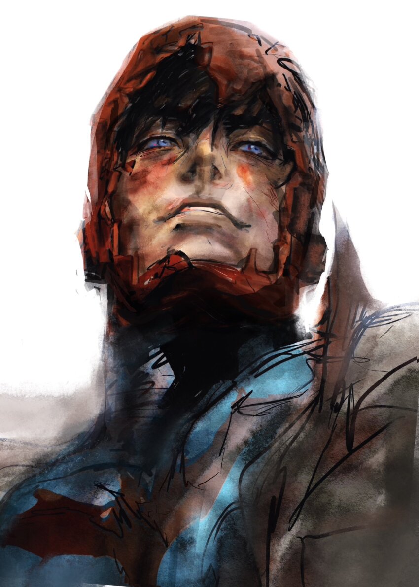 1boy arlan_311 batman_(series) batman_symbol black_hair black_jacket blood blood_on_face blue_eyes broken_helmet closed_mouth commentary dc_comics hashtag-only_commentary highres jacket jason_todd looking_to_the_side male_focus open_clothes open_jacket short_hair sideways_glance sketch solo upper_body white_background