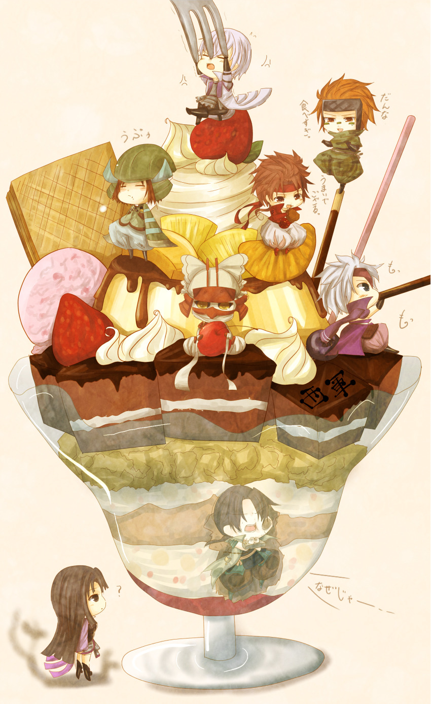 1girl 6+boys :o =_= ? absurdres black_eyes black_hair black_sclera brown_eyes brown_hair chibi chibi_only chousokabe_motochika_(sengoku_basara) colored_sclera eating eyepatch food grey_hair hair_over_eyes highres ice_cream ishida_mitsunari_(sengoku_basara) long_hair male_focus mouri_motonari_(sengoku_basara) muchiwo multiple_boys oichi_(sengoku_basara) ootani_yoshitsugu_(sengoku_basara) parfait pocky pudding sanada_yukimura_(sengoku_basara) sarutobi_sasuke_(sengoku_basara) sengoku_basara short_hair whipped_cream yellow_eyes