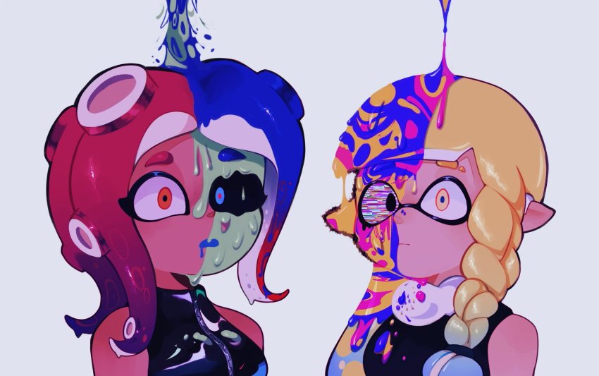 2girls agent_3_(splatoon_3) agent_8_(splatoon) black_sclera braid clem_(calmeremerald) colored_sclera fuzzy_ooze highres inkling inkling_girl inkling_player_character multiple_girls nintendo octoling octoling_girl octoling_player_character pointy_ears red_eyes sanitized_(splatoon) sleeveless slime_(substance) splatoon_(series) splatoon_2 splatoon_2:_octo_expansion splatoon_3 split_theme static tentacle_hair yellow_eyes zipper