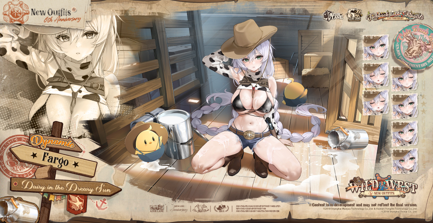 1girl alternate_costume animal_print arm_behind_back arm_behind_head azur_lane bare_back bare_shoulders bikini black_bikini blush boots bottle braid breasts commentary cow_print cowboy_hat crop_top detached_sleeves english_commentary english_text multiple_expressions fargo_(azur_lane) fargo_(dairy_in_the_dreary_sun)_(azur_lane) full_body green_eyes hair_between_eyes hat highleg highleg_bikini highres indoors large_breasts long_hair micro_shorts midriff milk milk_bottle navel official_art parted_lips promotional_art shorts solo spread_legs squatting swimsuit thighs torn_clothes torn_shorts twin_braids twintails very_long_hair wet white_hair