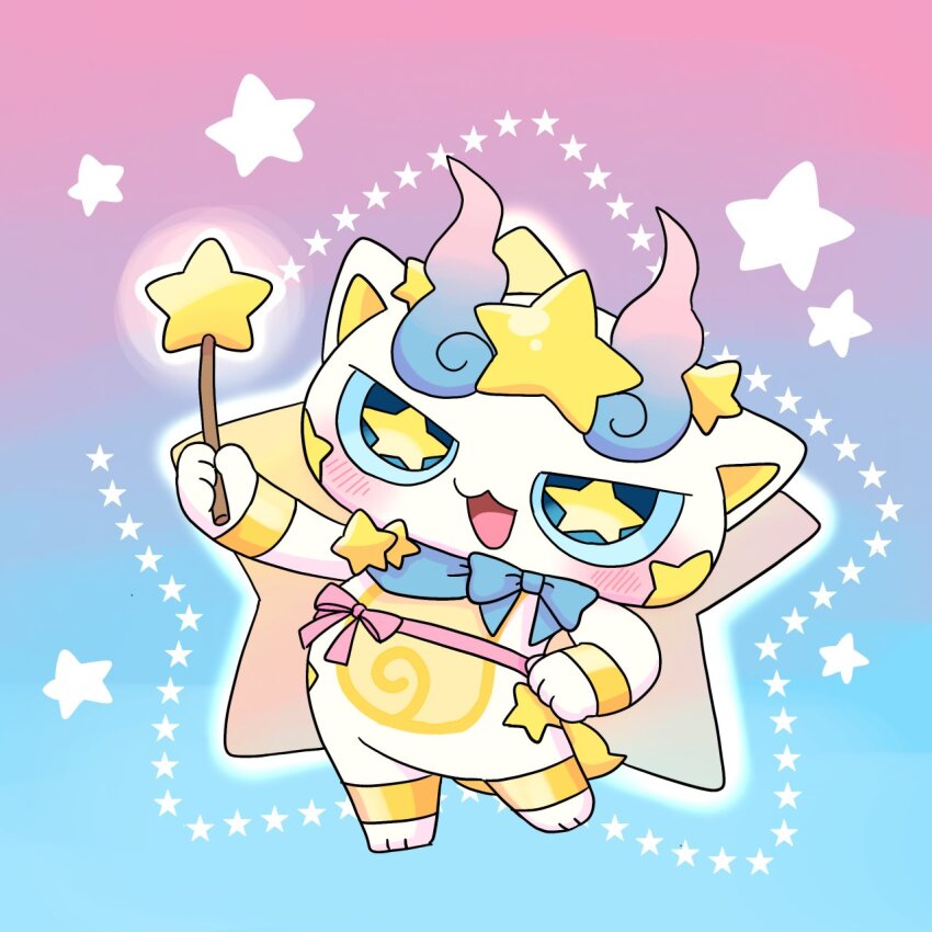 animal_ears blue_background blush gradient_background highres holding holding_wand kirakoma looking_at_viewer no_humans open_mouth pink_background star-shaped_pupils star_(symbol) star_wand symbol-shaped_pupils two-tone_background wand white_fur youkai_(youkai_watch) youkai_700 youkai_watch