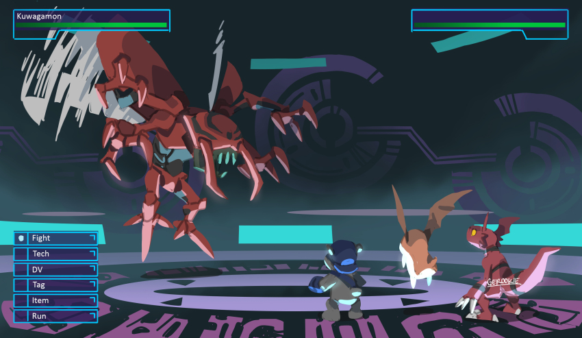absurdres bear bearmon bug digimon digimon_(creature) digimon_world_3 dinosaur gameplay_mechanics gero_rivera group_picture guilmon head_wings health_bar highres kuwagamon no_humans patamon red_scarf scarf wings