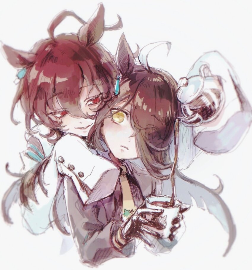 2girls agnes_tachyon_(umamusume) ahoge animal_ears black_coat black_gloves black_hair brown_hair coat cropped_torso cup earrings eyes_visible_through_hair gloves hand_on_another&#039;s_shoulder highres holding holding_cup horse_ears jewelry lab_coat long_hair manhattan_cafe_(umamusume) multiple_girls necktie parted_lips pouring red_eyes sekiyu_inu short_hair single_earring sleeves_past_fingers sleeves_past_wrists smile teapot umamusume upper_body yellow_eyes yellow_necktie