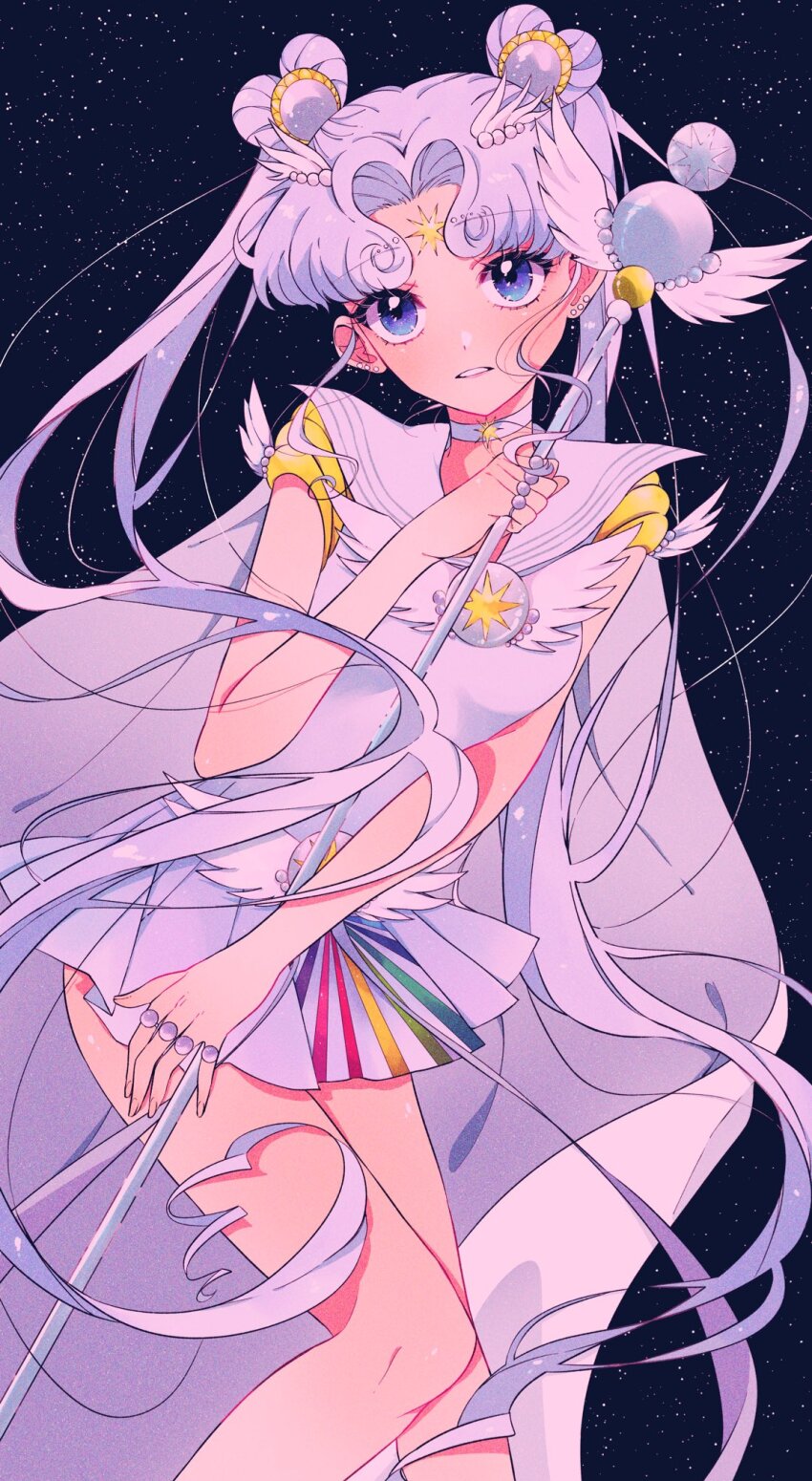 1girl bishoujo_senshi_sailor_moon bishoujo_senshi_sailor_moon_stars blue_eyes brooch cape choker commentary_request double_bun earrings facial_mark feet_out_of_frame forehead_mark grey_hair hair_bun hair_ornament heart_hair_bun highres holding holding_wand jewelry long_hair looking_at_viewer multicolored_skirt multiple_earrings multiple_rings ring rumic_0620 sailor_collar sailor_cosmos sailor_senshi sailor_senshi_uniform skirt solo star_(symbol) star_brooch star_facial_mark star_symbol_background stud_earrings tiara twintails very_long_hair waist_brooch wand white_choker wing_brooch wing_hair_ornament winged_wand