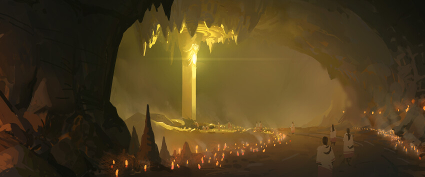 absurdres cave_interior commentary english_commentary highres ken_darmadi original people robe scenery temple walking white_robe yellow_theme