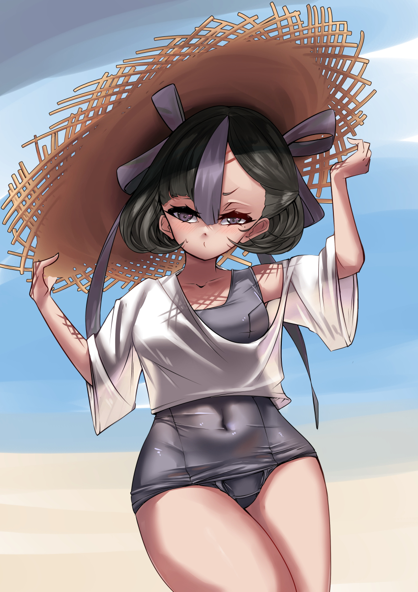 1girl absurdres arm_up beach big_head black_hair blue_sky blush breasts collarbone commentary_request dot_nose eyelashes forehead goddess_of_victory:_nikke hair_between_eyes hair_ribbon hat highres large_forehead large_hat linea_alba lulicoshi medium_hair mole mole_under_eye multicolored_hair one-piece_swimsuit outdoors parted_bangs petite purple_ribbon ribbon sand shaded_face short_eyebrows sky small_breasts solo straw_hat streaked_hair sweat swimsuit syuen_(nikke) thick_eyelashes thighs