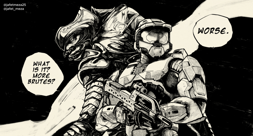 2boys alien arbiter armor back-to-back battle_rifle br55 bullpup english_text gloves greyscale gun halo_(series) halo_3 helmet highres holding holding_gun holding_weapon jafet_meza male_focus master_chief monochrome multiple_boys open_mouth power_armor rifle scene_reference spartan_(halo) speech_bubble thel&#039;vadam twitter_username weapon