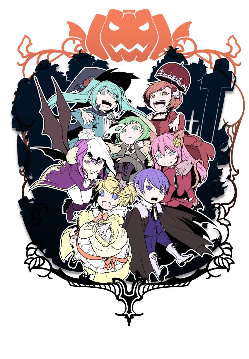 &gt;:d 2boys 5girls :d absurdres aku_no_musume_(vocaloid) akujiki_musume_conchita_(vocaloid) akutoku_no_judgement_(vocaloid) alternate_costume animal_ears animal_skull apple aqua_eyes aqua_hair banica_conchita bat_(animal) bat_wings black_cape blonde_hair blue_suit boots bow bowtie braid brown_eyes cape cat_ears cat_tail chibi choker cloak combat_boots commentary_request crazy_eyes creator_connection cross crown demon demon_horns demon_wings domino_mask dress elbow_gloves enbizaka_no_shitateya_(vocaloid) evil_smile evillious_nendaiki fang fangs fingerless_gloves fire flower food forest formal_clothes frilled_dress frills fruit gloves goat_horns graveyard green_eyes green_hair grey_skirt gumi hair_flower hair_ornament hairclip hairpin hakaba_no_aruji halloween halloween_costume hand_on_own_chin hat hatsune_miku high_heel_boots high_heels highres holding holding_unworn_clothes hood horns ichi_ka iron_cross jack-o&#039;-lantern japanese_clothes judge kagamine_rin kaito_(vocaloid) kamui_gakupo kimono knee_boots kneeling lace-up_boots leaning_forward long_coat long_hair mask megurine_luka meiko_(vocaloid) mini_crown moonlit_bear_(vocaloid) multiple_boys multiple_girls nature nemesis_no_juukou_(vocaloid) nemesis_sudou nemurase_hime_kara_no_okurimono_(vocaloid) open_mouth outstretched_hand parasol patterned_clothing paw_print pigeon-toed pink_hair plant ponytail pumpkin purple_eyes purple_hair red_dress red_kimono riliane_lucifen_d&#039;autriche rose sandals seven_deadly_sins shirt short_hair side_braid silhouette simple_background skirt smile songover spoilers suit tail tombstone tower tuna umbrella updo v-shaped_eyebrows vampire venomania_kou_no_kyouki_(vocaloid) victorian vines vocaloid white_footwear wings witch witch_hat yellow_dress