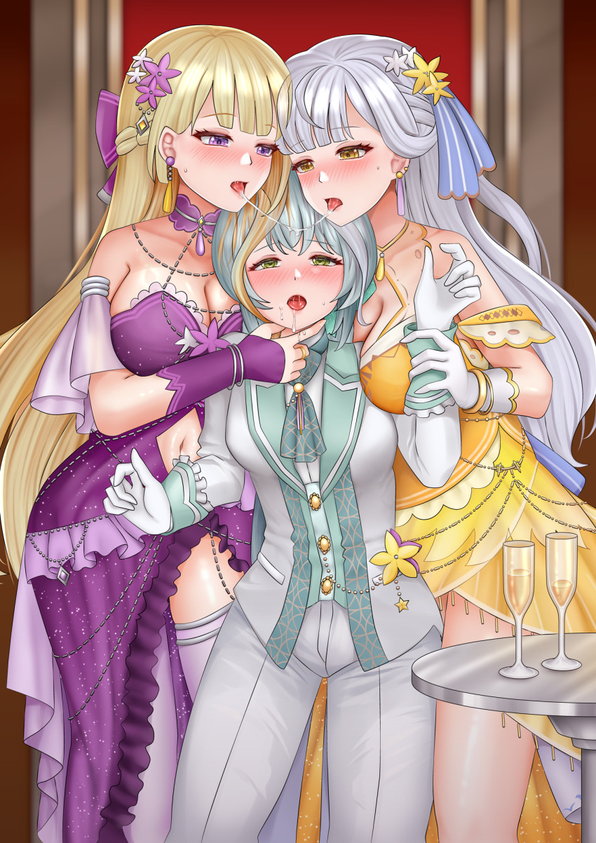 3girls after_kiss ascot assault_lily bare_shoulders blonde_hair blue_ribbon blurry blurry_background blush bow braid breast_press breasts buttons champagne_flute cleavage clothing_cutout collar commentary_request cowboy_shot cup detached_sleeves dress drink drinking_glass earrings elbow_gloves evening_gown flower formal_clothes frilled_dress frills girl_sandwich gloves green_ascot green_eyes grey_hair grey_jacket grey_pants grey_shirt grey_suit hair_bow hair_flower hair_ornament hair_ribbon half-closed_eyes half_up_braid half_updo halter_dress halterneck hand_on_another&#039;s_chin hand_up hands_up heads_together height_difference highres holding_another&#039;s_wrist imai_tomohiro indoors jacket jewelry kon_kanaho large_breasts long_hair looking_at_another looking_at_viewer looking_down medium_breasts miyagawa_takane multiple_girls navel navel_cutout nose_blush official_alternate_costume official_alternate_hairstyle open_clothes open_jacket pant_suit pants parted_lips pendant pocket purple_bow purple_collar purple_dress purple_eyes purple_flower purple_thighhighs ribbon saliva saliva_trail sandwiched shirt side_slit sidelocks sleeves_past_wrists standing stomach_cutout suit sweatdrop table thighhighs toki_kureha tongue tongue_out very_long_hair white_flower white_gloves yellow_dress yellow_eyes yuri